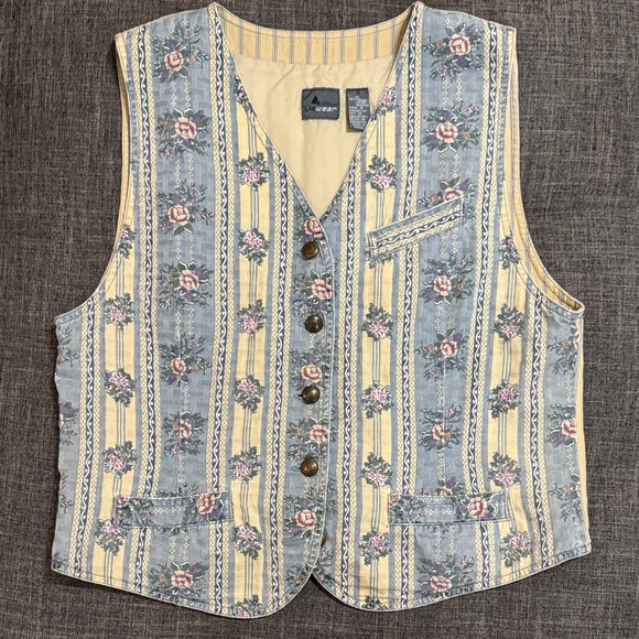 Vintage Jackets & Blazers - Vintage 90s Lizwear Floral Patchwork Vest Cottagecore Prairie Button Front